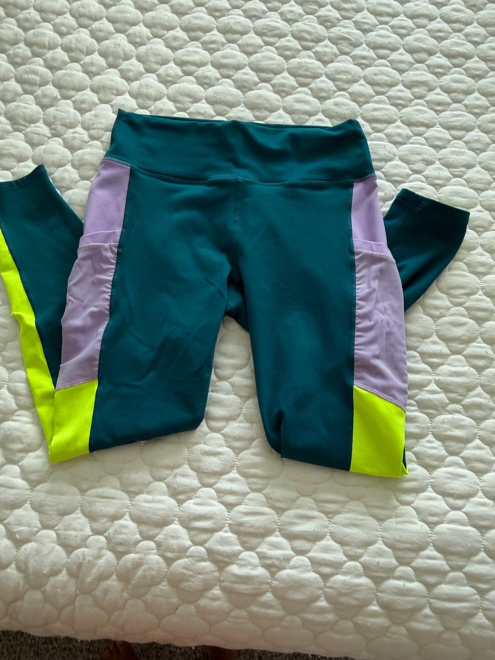 Fabletics Teal Powerhold Leggings with Lavender and Neon Yellow Panels